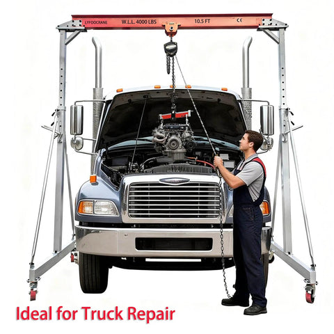 Heavy Duty 10.5 Foot Adjustable Gantry Crane With 4000 Lb Capacity in use, lifting engine in truck at auto shop, height range 9.85 to 13.9 feet