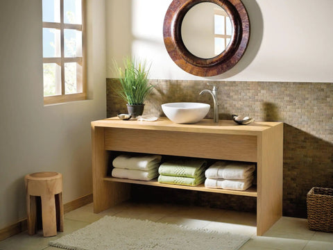 Modern bathroom with Eva Chrome One Handle Bathroom Sink Faucet With Optional Deck Plate For 1 Or 3 Hole Installation on wooden vanity.