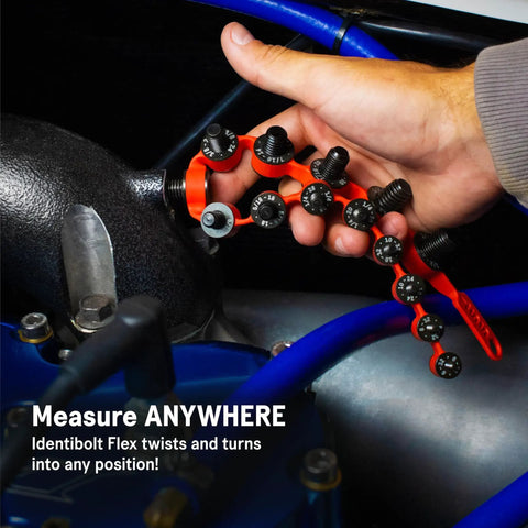 Identibolt Flex Portable Nut And Bolt Thread Gauge Checker For Imperial SAE And Metric Threads Dual-Sided Measure, bent in use