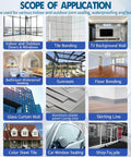 Scope of application chart for outdoor silicone sealant for crack repair and weatherproofing on various surfaces.