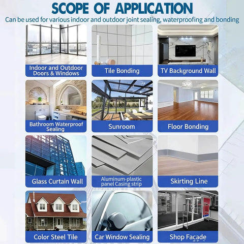 Scope of application chart for outdoor silicone sealant for crack repair and weatherproofing on various surfaces.