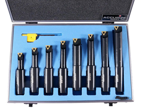 Beefy Round Shank Indexable Boring Bar 3/4 Inch With Dual TCMT Inserts in case for lathe machining, 8-piece set with carbide inserts