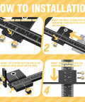Installation steps for Kick Butt Cabinet Hardware Drill Jig Kit Featuring Detachable 32 Inch And 16 Inch Wood Drill Guide.