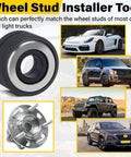 Wheel Stud Installer Tool For Most Cars And Light Duty Trucks, images of cars and trucks, black rubber and metal tool