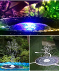 Solar Fountain Pump With Battery Backup For Bird Bath And Garden Pond, featuring LED lights and water spray in a garden setting.