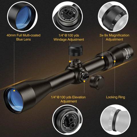 3-9x40 Crosshair Riflescope with R4 Reticle and 11mm dovetail mounts for Airsoft 10/22 Rimfire and .22 pellet guns .22LR .177 and .17 HMR black