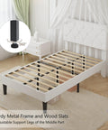 Twin Size Upholstered Platform Bedframe With Iconic Button Tufted Linen Headboard, Straight Up Comfy Memory Foam Cushioning, Heavy Duty Wood Slat Support, No Box Spring Required, Crisp White Aesthetic, showing sturdy metal frame and adjustable legs.
