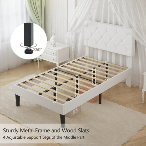 Twin Size Upholstered Platform Bedframe With Iconic Button Tufted Linen Headboard, Straight Up Comfy Memory Foam Cushioning, Heavy Duty Wood Slat Support, No Box Spring Required, Crisp White Aesthetic, showing sturdy metal frame and adjustable legs.