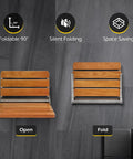 Wall Mounted Folding Shower Seat With Wood Bench, 400 Lb Load Capacity, open and folded positions, stainless steel frame