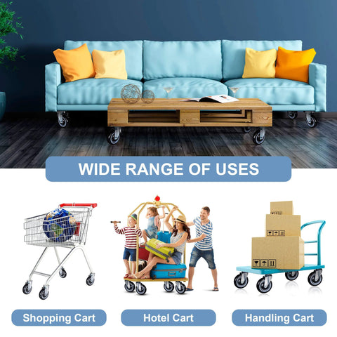 Wide range of uses with heavy duty shopping cart wheels set five inch diameter one point two five inch width three eighths bore polyurethane wheel with rust resistant core 1400 pound total load capacity four pack black and grey on different carts