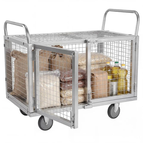 Heavy Duty Platform Truck With Secure Wire Cage Haul Cart filled with bags and bottles, featuring smooth roll swivel wheels.