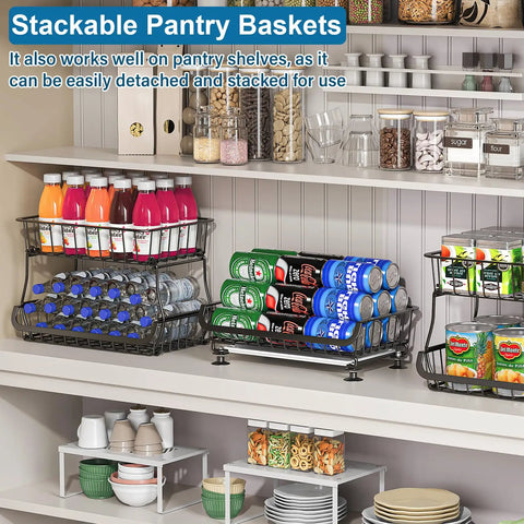 Three Tier Rolling Pantry Cart With Wheels, stackable wire baskets for pantry shelves, holding drinks and canned goods.