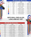 Pro Grade 18-Piece Hex Key Set With Extra Long Ball End Wrenches And T Handle size chart details for SAE and Metric