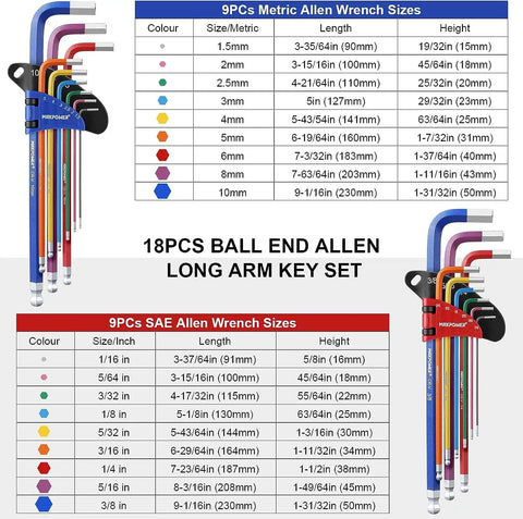 Pro Grade 18-Piece Hex Key Set With Extra Long Ball End Wrenches And T Handle size chart details for SAE and Metric