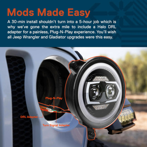 Jeep Wrangler JL JLU Gladiator JT 9 Inch Round LED Headlights Upgrade with visible Plug-N-Play setup for easy installation.
