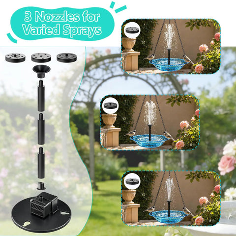 Solar Hanging Bird Bath Fountain With Cascading Water Effect For Garden Patio And Backyard Outdoor Solar Powered Bird Bath Fountain Easy No Fuss Setup Low Maintenance Water Display with nozzles and water sprays shown.