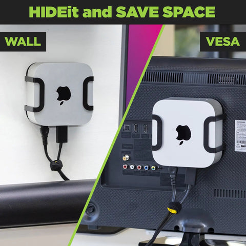 Kick Clutter To The Curb With This Rock Solid Mac Mini M4 Mount Featuring An Under Desk Bracket And Vesa Monitor Arm For Clean Home Office Setup Plus Optimal Airflow Cooling And Full Hardware showing wall and VESA mounting options.