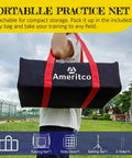 Person carrying a bag labeled 'Ameritco' containing a 7x7 Foot Baseball Practice Net With Tee And Target For Backyard Training Large Hitting And Pitching Net With Yellow Border Target Pocket For Improved Accuracy Scratch Resistant Base Versatile For All Levels Red.