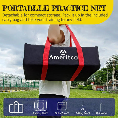 Person carrying a bag labeled 'Ameritco' containing a 7x7 Foot Baseball Practice Net With Tee And Target For Backyard Training Large Hitting And Pitching Net With Yellow Border Target Pocket For Improved Accuracy Scratch Resistant Base Versatile For All Levels Red.