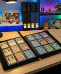 Open Top Load Card Binder For TCGs And Sports Cards, Holds 252 Toploaders, 9-Pocket Ringless Double-Sided Pages displayed on desk