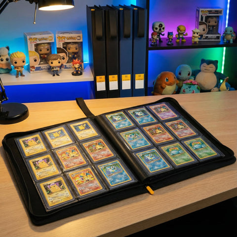 Open Top Load Card Binder For TCGs And Sports Cards, Holds 252 Toploaders, 9-Pocket Ringless Double-Sided Pages displayed on desk