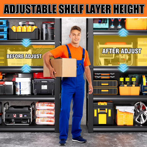 Person adjusting 71.2 Inch Tall Beefy Heavy Duty Garage Shelving Unit With 2500 Lb Load Capacity Adjustable Five Tier Metal Standing Shelves