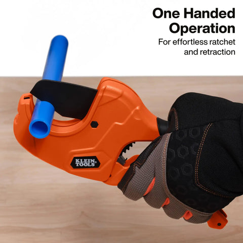 Ratcheting PVC Pipe Cutter For 2 Inch ID Pipes And 2 3 Eighths Inch OD, One Handed Operation, Lightweight Soft Grip Handles, Replaceable Blades, Cuts Schedule 40 And 80 PVC CPVC And PEX in use