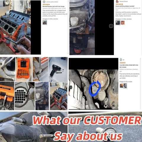 Collage of 14-piece screw extractor and left-hand drill bits set in an orange case for removing stripped screws and broken bolts