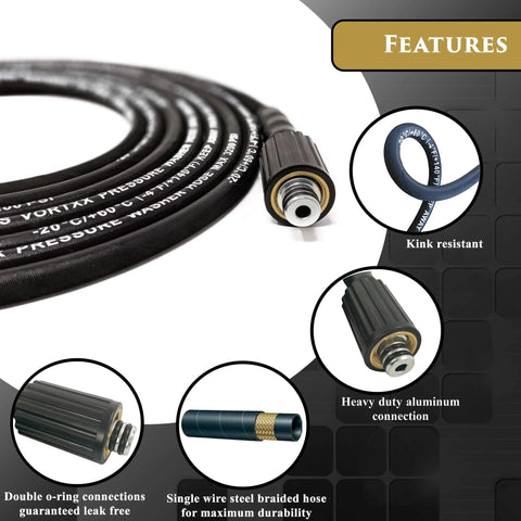 Front view of Vortxx 1/4 in x 30 ft heavy-duty pressure washer hose, steel braided jacket with M22-14mm fittings