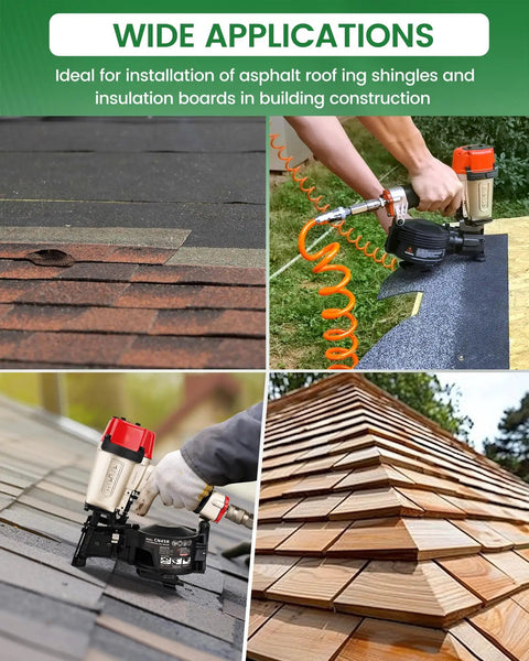 Lightweight Pneumatic Roofing Nailer Designed For Tight Roofs And Daily Grind drives fifteen degree coil nails used on asphalt shingles.