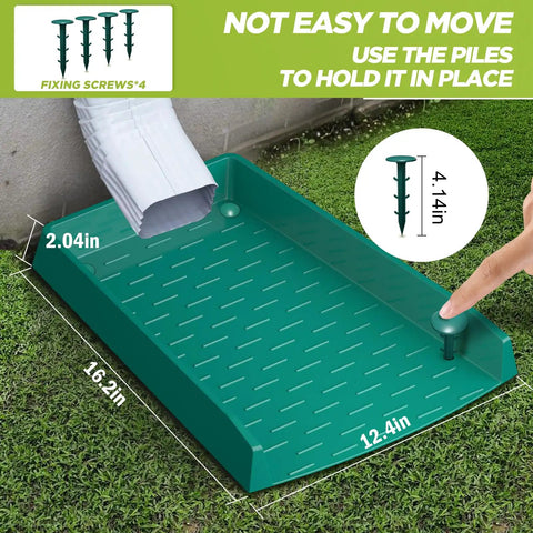 4 Pack No Sweat Rain Gutter Downspout Extensions Featuring Extra Wide One Piece Splash Block Design For Rock Solid Water Drainage And Foundation Protection Drop Dead Easy Setup Green, showing measurements and fixings.