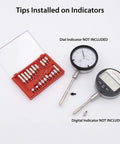 22-Piece Indicator Tip Set For Dial And Digital Indicators UNF 4-48 Threaded Tips in red case, dial and digital indicators shown