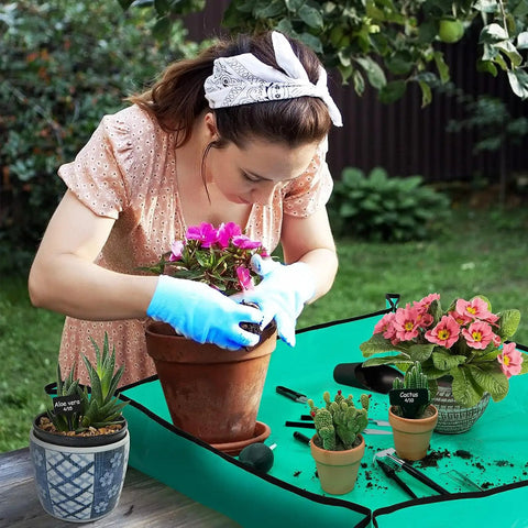 Woman using Beginner Friendly Gardening Tools Kit For Women, 20 Piece Indoor Succulent And Bonsai Care Set with green transplanting mat.