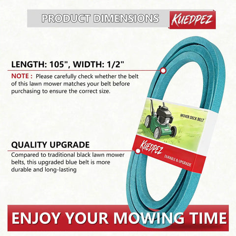 Heavy Duty One Half Inch By One Hundred Five Inch Deck Belt With Aramid Rope Reinforced Cover For Lawn Mowers displayed on packaging.