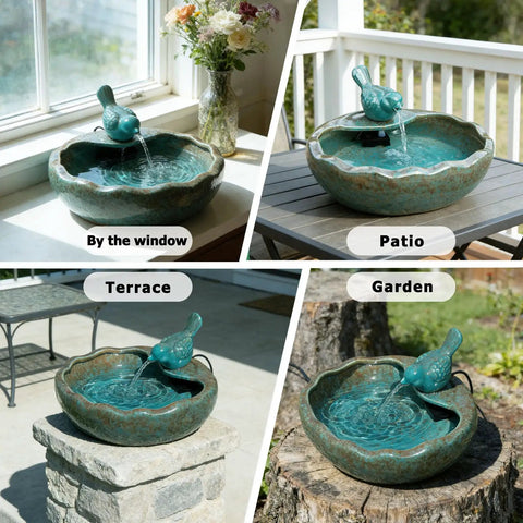 Solar Powered Bird Bath Fountain With Battery Backup For Outdoors, Bird Bath Bowl For Garden Patio And Yard Decor, showcasing different installations.