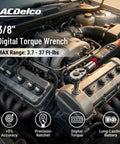 3/8 inch digital torque wrench with LED alarm and buzzer in use on car engine, 2 to 37 foot pounds range, ISO 6789 certified