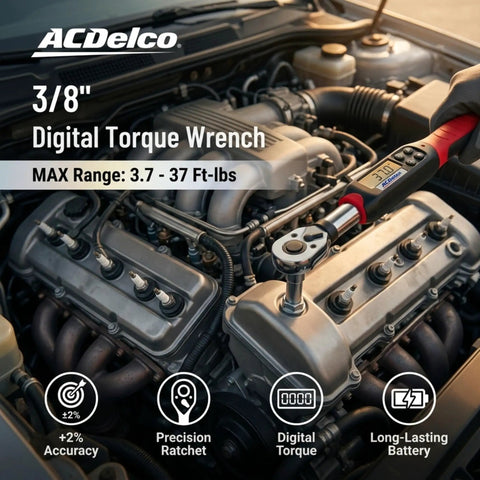 3/8 inch digital torque wrench with LED alarm and buzzer in use on car engine, 2 to 37 foot pounds range, ISO 6789 certified