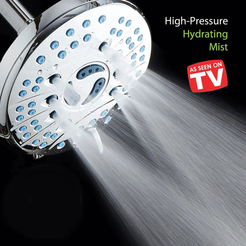 High Pressure 6 Setting Rain Shower Head 6 Inch Chrome Finish With Hygienic Anti Clog Nozzles releasing water spray