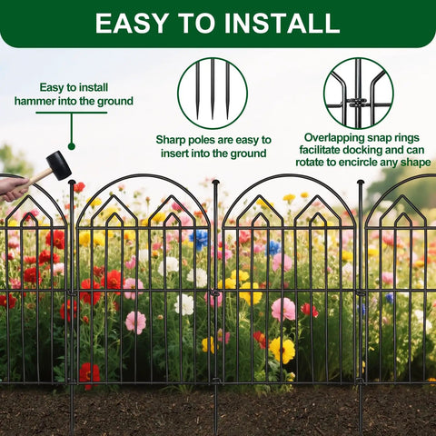 17 Inch Tall Garden Fence Set 28 Foot Long Arched Rustproof Metal No Dig Border Fencing With Stakes 26 Panels in flower bed