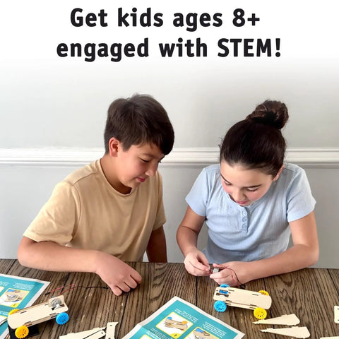 Kids ages 8+ assembling the Sweet Ten Pack Solar Car Kit Offering Slick Wooden STEM Rides on a table.