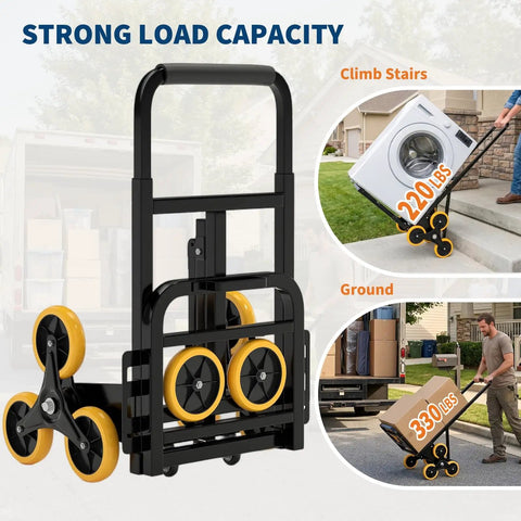 Heavy Duty Stair Climbing Cart Foldable Hand Truck With 6 Wheels For Moving Heavy Loads Up Stairs Without Straining Collapsible Design For Easy Storage In Trunk Or Closet Ready To Roll Anywhere, black steel frame, 6 wheels