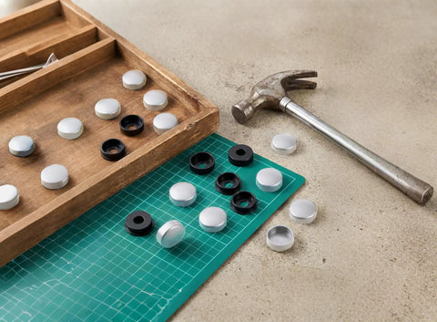 Tough As Nails Eight Pack Silver License Plate Screw Caps Durable Plastic Bolt Covers displayed with a hammer and tray.