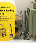 Space Savvy Shopping Cart With 360 Degree Swivel Wheels Foldable And Lightweight stored compactly beside shelf in black.