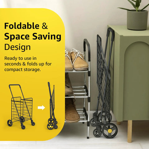 Space Savvy Shopping Cart With 360 Degree Swivel Wheels Foldable And Lightweight stored compactly beside shelf in black.