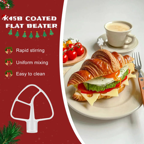K45B coated flat beater from the All In One 4.5 Quart Tilt Head Stand Mixer Attachments Set with croissant sandwich on plate