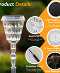 4 Pack Solar Post Lights With Remote Control Color Changing LED Lamps showing detailed glass design, solar panel, and LED lights.