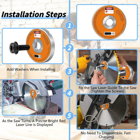 Installation steps of Rechargeable Miter Saw Laser Guide With Type C Fast Charging for accurate crosscuts on compound miter saws.