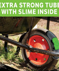 Heavy Duty Self Sealing Inner Tube With Preloaded Sealant for wheelbarrow, featuring slime inside on a red wheel.