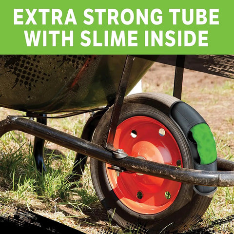 Heavy Duty Self Sealing Inner Tube With Preloaded Sealant for wheelbarrow, featuring slime inside on a red wheel.