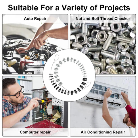 Pro Grade Upgraded Nut And Bolt Thread Checker With Detachable Wire Loop used for auto, computer, and air conditioning repairs.